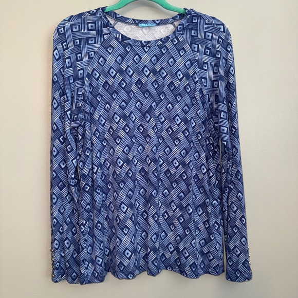 EUC J. McLaughlin Jana Long Sleeve Top in Blue Geometric Print Size Large - Picture 1 of 7